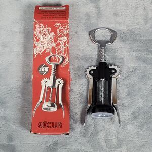 ARO Secur Vintage Winged Corkscrew Wine Bottle Opener Chrome & Black Boxed Italy